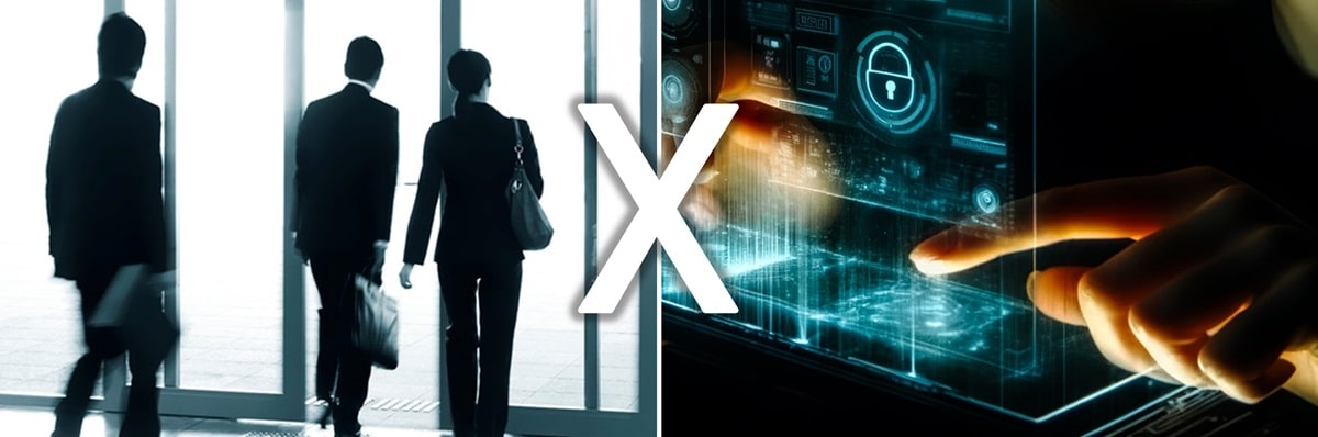 Pessoas saindo da empresa versus Pessoa digitando e painel futurista